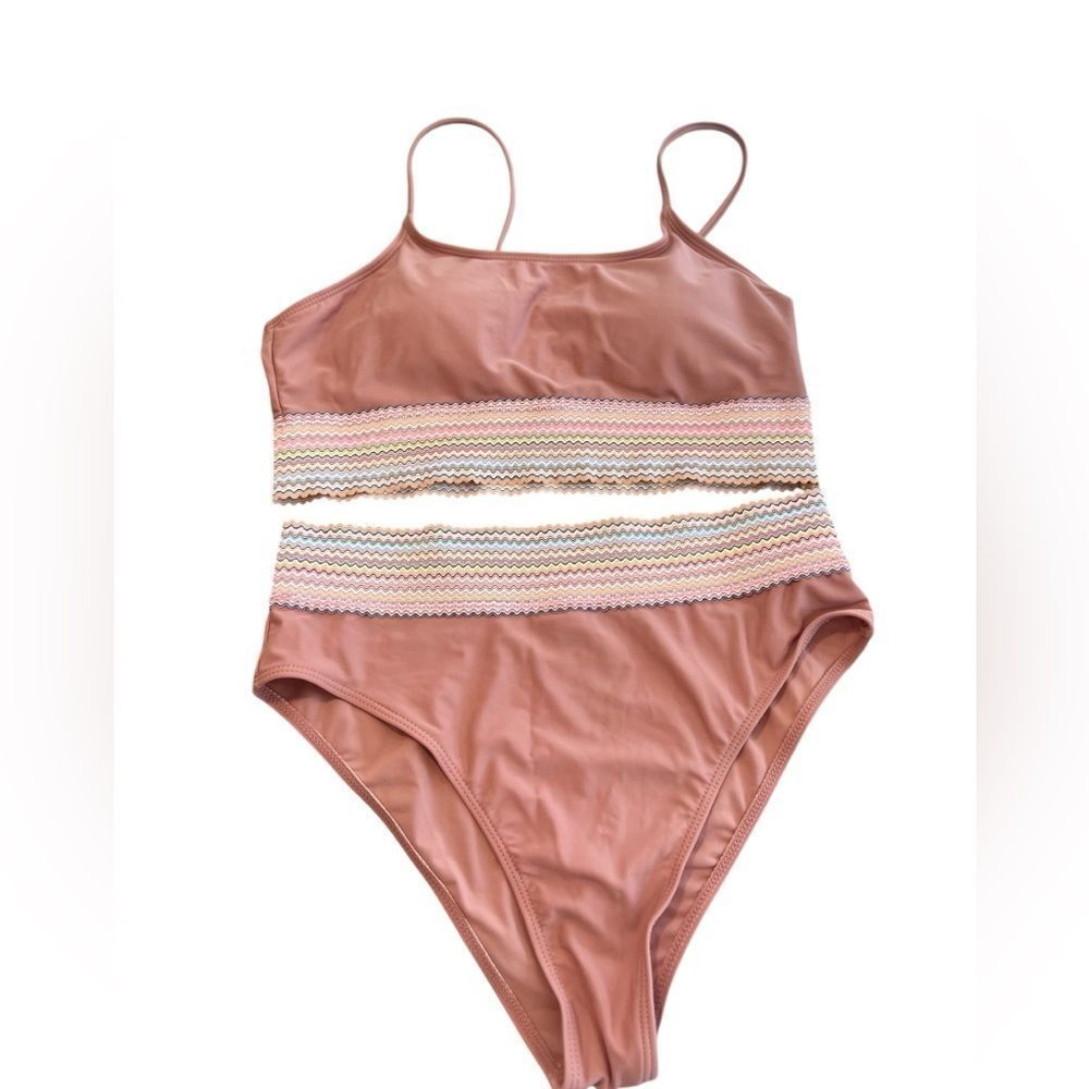 Women’s Dusty Rose Bikini Set | Rainbow Smocked Band | Size Large